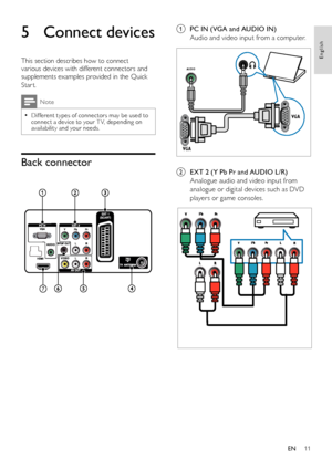 Page 1311
a PC IN (VGA and AUDIO IN)
Audio and video input from a computer.
  
b EXT 2 (Y Pb Pr and AUDIO L/R)
Analogue audio and video input from 
analogue or digital devices such as DVD 
players or game consoles.
  
AUDIO
VG A
VG A
 
5  Connect devices
This section describes how to connect various devices with different connectors and supplements examples provided in the Quick 
Star t.
Note
Different types of connectors may be used to  •connect a device to your T V, depending on availability and your needs....