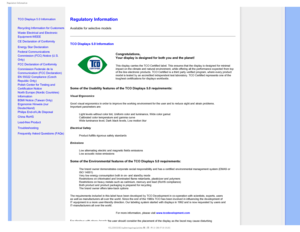 Page 123FHVMBUPSZ*OGPSNBUJPO
 
  


•
TCO Displays 5.0 Information
•
Recycling Information for Customers
•Waste Electrical and Electronic 
Equipment-WEEE
•
CE Declaration of Conformity
•Energy Star Declaration

•Federal Communications 
Commission (FCC) Notice (U.S. 
Only)
•
FCC Declaration of Conformity
•Commission Federale de la 
Communication (FCC Declaration)
•EN 55022 Compliance (Czech 
Republic Only)
•Polish Center for Testing and 
Certification Notice
•North Europe (Nordic Countries)...