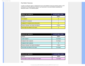 Page 331IJMJQT1JYFM%FGFDU1PMJDZ
Pixel Defect Tolerances
In order to qualify for repair or replacement due to pixel defects durin\
g the warranty period, a TFT 
LCD panel in a Philips flat panel monitor must have pixel or sub pixel d\
efects exceeding the 
tolerances listed in the following tables.

BRIGHT DOT DEFECTSACCEPTABLE LEVEL 
MODEL 223E1
1 lit subpixel 3
2 adjacent lit subpixels 1
3 adjacent lit subpixels (one white pixel) 0
Distance between two bright dot defects* >15mm
Total bright dot defects of...