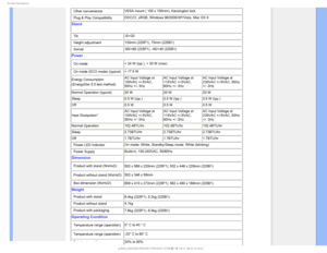 Page 301SPEVDU*OGPSNBUJPO
• Other convenience VESA mount ( 100 x 100mm), Kensington lock 
• Plug & Play Compatibility  DDC/CI, sRGB, Windows 98/2000/XP/Vista, Mac OS X 
Stand
• Tilt -5/+20
• Height adjustment 130mm (225P1), 70mm (225B1)
• Swivel -65/+65 (225P1), -45/+45 (225B1)
Power
• On mode< 24 W (typ.), < 30 W (max) 
• On mode (ECO mode) (typical)  < 17.5 W 
Energy Consumption 
(EnergyStar 5.0 test method)

AC Input Voltage at 
100VAC +/-5VAC, 
50Hz +/- 3Hz AC Input Voltage at 
115VAC +/-5VAC, 
60Hz +/-...