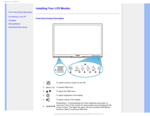 Page 57*OTUBMMJOH:PVS-$%.POJUPS

  

• 
Front View Product Description
• Connecting to Your PC
•The Base 
• 
Getting Started 
• Optimizing Performance
Installing Your LCD Monitor
Front View Product Description
1To switch monitors power On and Off
2
To access OSD menu
3
To adjust the OSD menu 
4
To adjust brightness of the display
5
To adjust volume of the display
6
PowerSensor. To automatically dim down brightness level when no 
users are in front of the monitor for saving power and...