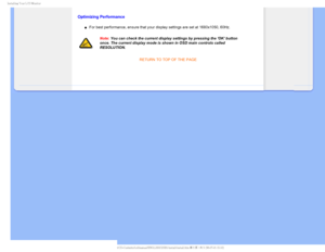 Page 59*OTUBMMJOH:PVS-$%.POJUPS
Optimizing Performance
µFor best performance, ensure that your display settings are set at 1680x\
1050, 60Hz.
Note: You can check the current display settings by pressing the OK button \
once. The current display mode is shown in OSD main controls called 
RESOLUTION.RETURN TO TOP OF THE PAGE


   
GJMF&]-$%.POJUPS0&.1IJMJQT.QSPKFDU##&%6#OFXGPSNBU$%$POUFOUTMDENBOVBM&/(-*4)#JOTU 