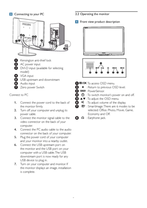 Page 75
 Connecting to your PC
 
  Kensington anti-thief lock
 
  AC power input
 
   DVI-D input (available for selecting 
model)
 
  VGA input
 
  USB upstream and downstream
 
 Audio input
 
  Zero power Switch
Connect to PC
  1.    Connect the po
w
 er cord to the back of 
the montior firmly.
  2.    T
urn off your computer and unplug its 
power cable.
  3.     Connect the monitor signal cab
 le to the 
video connector on the back of your 
computer
.
  4.
    Connect the PC audio cab
 le to the audio...