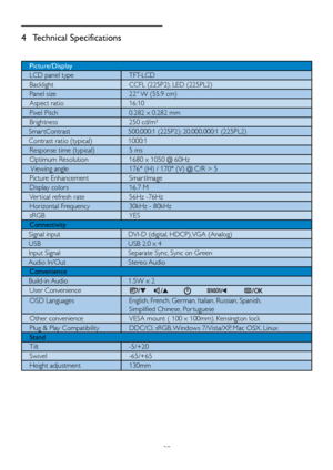 Page 3028
4 Technical Specifications
Picture/Display
LCD panel type TFT-LCD
Backlight CCFL (225P2), LED (225PL2)
Panel size 22 W (55.9 cm)
Aspect ratio 16:10
Pixel Pitch 0.282 x 0.282 mm
Brightness 250 cd/m² 
   Smar tContrast    500,000:1 (225P2); 20,000,000:1 (225PL2)
   Contrast ratio (typical)    1000:1 Response time (typical)  5 ms
Optimum Resolution 1680 x 1050 @ 60Hz
 Viewing angle 176° (H) / 170° (V) @ C/R > 5
Picture Enhancement Smar tImage
Display colors  16.7 M
Ver tical refresh rate 56Hz -76Hz...