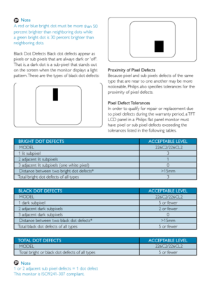 Page 21 Note
A red or blue bright dot must be more than 50 
percent brighter than neighboring dots while  
a green bright dot is 30 percent brighter than 
neighboring dots.
Black Dot Defects Black dot defects appear as 
pixels or sub pixels that are always dark or 'off'. 
That is, a dark dot is a sub-pixel that stands out 
on the screen when the monitor displays a light 
pattern. These are the types of black dot defects:
Proximity of Pixel Defects 
Because pixel and sub pixels defects of the same 
type...