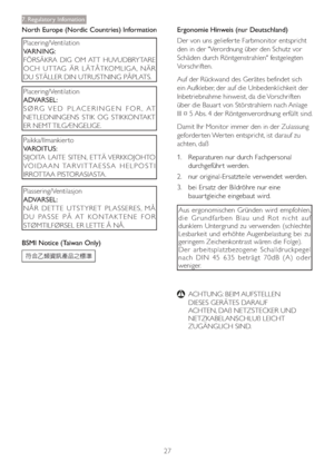 Page 2927
7. Regulatory Infomation
North Europe (Nordic Countries) Information
Placering/Ventilation 
VARNING:
FÖRSÄKRA DIG OM ATT HUVUDBRYTARE 
OCH UTTAG ÄR LÄTÅTKOMLIGA, NÄR 
DU STÄLLER DIN UTRUSTNING PÅPLATS.
Placering/Ventilation 
ADVARSEL: 
SØRG VED PLACERINGEN FOR, AT 
NETLEDNINGENS STIK OG STIKKONTAKT 
ER NEMT TILGÆNGELIGE. 
Paikka/Ilmankier to 
VAROITUS: 
SIJOITA LAITE SITEN, ETTÄ VERKKOJOHTO 
VOIDAAN TARVITTAESSA  HELPOSTI 
IRROTTAA PISTORASIASTA. 
Plassering/Ventilasjon 
ADVARSEL: 
NÅR DETTE UTSTYRET...