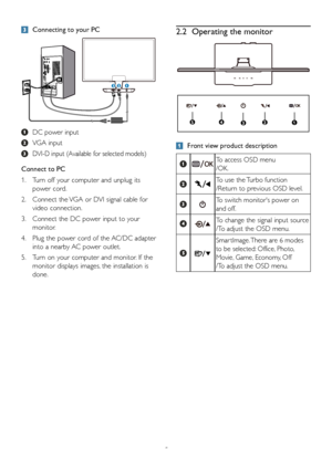 Page 75
 Connecting to your PC
 DC power input
 VGA input
 DVI-D input (Available for selected models)
Connect to PC
1. Turn off your computer and unplug its 
power cord.
2. Connect the VGA or DVI signal cable for 
video connection.
3. Connect the DC power input to your 
monitor.
4. Plug the power cord of the AC/DC adapter 
into a nearby AC power outlet.
5. Turn on your computer and monitor. If the 
monitor displays images, the installation is 
done.
2.2 Operating the monitor
 Front view product description
To...