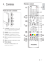 Page 119 EN
English
Remote control
1
26
23
16
14
13
12
11
10
17
15
181920
8
7
6
4
2
9
5
3
28
27
25
24
22
21
31323334
29
30
4. Controls
Front and side controls
a POWER: Switches the T V on or off. 
The T V is not powered off completely 
unless it is physically unplugged.
bSOURCE: Selects connected devices.
cMENU/OK : Displays the on-screen 
PHQXDQGFRQ