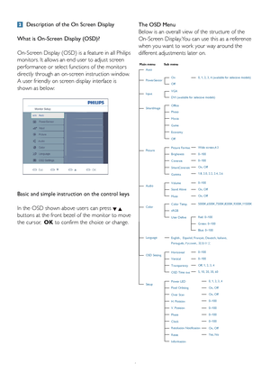 Page 86
  Description of the On Screen Display
What is On-Screen Display (OSD)?
On-Screen Display (OSD) is a feature in all Philips 
monitors. It allows an end user to adjust screen 
performance or select functions of the monitors 
directly through an on-screen instruction window. 
A user friendly on screen display interface is 
shown as below:
Basic and simple instruction on the control keys
In the OSD shown above users can press 
  
buttons at the front bezel of the monitor to move 
the cursor,  OK to...
