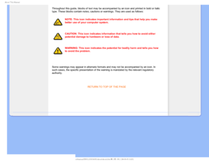 Page 22CPVU5IJT.BOVBM
Throughout this guide, blocks of text may be accompanied by an icon and \
printed in bold or italic 
type. These blocks contain notes, cautions or warnings. They are used as\
 follows:
NOTE: This icon indicates important information and tips that help you m\
ake 
better use of your computer system.
CAUTION: This icon indicates information that tells you how to avoid eit\
her 
potential damage to hardware or loss of data.
WARNING: This icon indicates the potential for bodily harm and...