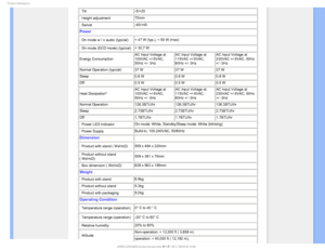 Page 281SPEVDU*OGPSNBUJPO
• Tilt -5/+20
• Height adjustment 70mm
• Swivel -45/+45
Power
• On mode w / o audio (typcial) < 47 W (typ.), < 55 W (max) 
• On mode (ECO mode) (typical)  < 30.7 W 
Energy Consumption AC Input Voltage at 
100VAC +/-5VAC, 
50Hz +/- 3HzAC Input Voltage at 
115VAC +/-5VAC, 
60Hz +/- 3Hz AC Input Voltage at 
230VAC +/-5VAC, 50Hz 
+/ -3Hz
Normal Operation (typcial)  37 W  37 W 37 W 
Sleep 0.8 W 0.8 W  0.8 W 
Off 0.5 W 0.5 W  0.5 W
Heat Dissipation*  AC Input Voltage at 
100VAC +/-5VAC,...