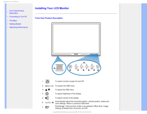 Page 55*OTUBMMJOH:PVS-$%.POJUPS

    

•  Front View Product 
Description
•  Connecting to Your PC
•  The Base 
•  Getting Started 
•  Optimizing Performance
Installing Your LCD Monitor
Front View Product Description
1To switch monitors power On and Off
2
To access the OSD menu
3
To adjust the OSD menu 
4
To adjust brightness of the display
5
To adjust volume of the display
6
Automatically adjust the horizontal position, vertical position, phase a\
nd 
clock settings / Return to previous...