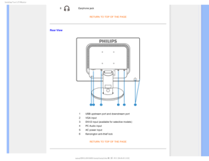 Page 56*OTUBMMJOH:PVS-$%.POJUPS

8Earphone jackRETURN TO TOP OF THE PAGE
Rear View

1 USB upstream port and downstream port
2 VGA input
3 DVI-D input (available for selective models)
4 PC Audio input 
5 AC power input
6 Kensington anti-thief lockRETURN TO TOP OF THE PAGE

 
 

GJMF&]-$%.POJUPS0&.1IJMJQT.QSPKFDU##&%6#7MDENBOVBM&/(-*4)#JOTUBMMJOTUBMMIUNK 