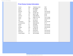 Page 77STU$IPJDF$POUBDU*OGPSNBUJPO

    

 
 
 
 
 
F1rst Choice Contact Information
CountryCode Telephone number Tariff
Austria +43 0810 000206  € 0.07
Belgium +32 078 250851  € 0.06
Denmark +45 3525 8761 Local call tariff
Finland +358 09 2290 1908 Local call tariff
France +33 082161 1658  € 0.09
Germany +49 01803 386 853  € 0.09
Greece +30 00800 3122 1223 Free of charge
Ireland +353 01 601 1161 Local call tariff
Italy +39 840 320 041  € 0.08
Luxembourg +352 26 84 30 00 Local call...