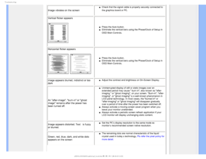 Page 105SPVCMFTIPPUJOH

Image vibrates on the screen
µCheck that the signal cable is properly securely connected to 
the graphics board or PC.

Vertical flicker appears
µPress the Auto button.
µEliminate the vertical bars using the Phase/Clock of Setup in 
OSD Main Controls.

Horizontal flicker appears
µPress the Auto button. 
µEliminate the vertical bars using the Phase/Clock of Setup in 
OSD Main Controls.
image appears blurred, indistinct or too 
darkµAdjust the contrast and...