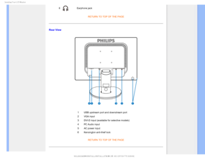 Page 68*OTUBMMJOH:PVS-$%.POJUPS

8Earphone jackRETURN TO TOP OF THE PAGE
Rear View

1 USB upstream port and downstream port
2 VGA input
3 DVI-D input (available for selective models)
4 PC Audio input 
5 AC power input
6 Kensington anti-thief lockRETURN TO TOP OF THE PAGE

 
 

 