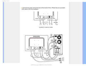 Page 71$POOFDUJOHUP:PVS1$

1) Connect the power cord to the back of the monitor firmly. (Philips has\
 pre-connected 
VGA cable for the first installation.
*available for selective models
 
 

> 