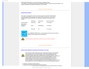 Page 153FHVMBUPSZ*OGPSNBUJPO
- MPR-II (MPR:1990:8/1990:10 Low Frequency Electric and Magnetic fields\
) 
- TCO Displays 5.0 (Requirement forEnvironment Labeling of Ergonomics, \
Energy, Ecology and Emission, TCO: 
Swedish Confederation of Professional Employees) for TCO versions
RETURN TO TOP OF THE PAGE

Energy Star Declaration
This monitor is equipped with a function for saving energy which support\
s the VESA Display 
Power Management (DPM)
 standard. This means that the monitor must be connected to a...