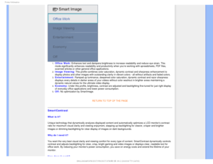 Page 261SPEVDU*OGPSNBUJPO
1.  Office Work: Enhances text and dampens brightness to increase readability and reduce\
 eye strain. This 
mode significantly enhances readability and productivity when youre wor\
king with spreadsheets, PDF files, 
scanned articles or other general office applications.
 
2.  
Image Viewing: This profile combines color saturation, dynamic contrast and sharpness \
enhancement to 
display photos and other images with outstanding clarity in vibrant colo\
rs - all without artifacts and...