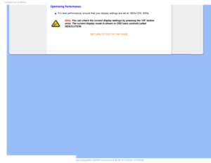 Page 59*OTUBMMJOH:PVS-$%.POJUPS
Optimizing Performance
µFor best performance, ensure that your display settings are set at 1920x\
1200, 60Hz.
Note: You can check the current display settings by pressing the OK button \
once. The current display mode is shown in OSD main controls called 
RESOLUTION.RETURN TO TOP OF THE PAGE


    
GJMF%]-$%.POJUPS0&.1IJMJQT.QSPKFDU11&%7$%$POUFOUTMDENBOVBM&/(-*4)1JOTUBMMJOTUBM 