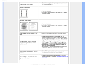 Page 105SPVCMFTIPPUJOH

Image vibrates on the screen
µCheck that the signal cable is properly securely connected to 
the graphics board or PC.

Vertical flicker appears
µPress the Auto button.
µEliminate the vertical bars using the Phase/Clock of Setup in 
OSD Main Controls.

Horizontal flicker appears
µPress the Auto button. 
µEliminate the vertical bars using the Phase/Clock of Setup in 
OSD Main Controls.
image appears blurred, indistinct or too 
darkµAdjust the contrast and...
