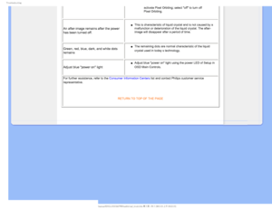 Page 145SPVCMFTIPPUJOH
activate Pixel Orbiting; select off to turn off 
Pixel Orbiting.
An after-image remains after the power 
has been turned off.
µThis is characteristic of liquid crystal and is not caused by a 
malfunction or deterioration of the liquid crystal. The after-
image will disappear after a period of time.
Green, red, blue, dark, and white dots 
remainsµThe remaining dots are normal characteristic of the liquid 
crystal used in today’s technology.

Adjust blue power on light...