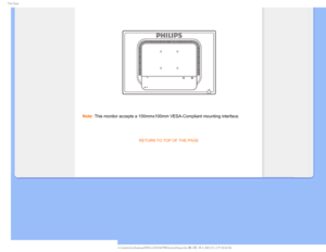 Page 785IF#BTF

Note: This monitor accepts a 100mmx100mm VESA-Compliant mounting interface.
RETURN TO TOP OF THE PAGE
 
  
GJMF&]-$%.POJUPS0&.1IJMJQT.1QSPKFDU181818&%6$%$POUFOUTMDENBOVBM&/(-*4)18JOTUBMMCBTF 