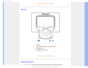 Page 56*OTUBMMJOH:PVS-$%.POJUPS

RETURN TO TOP OF THE PAGE
Rear View

1 VGA input
2 DVI-D input (available for selective models) 
3 AC power input
4 Kensington anti-thief lock

RETURN TO TOP OF THE PAGE
Optimizing Performance
µFor best performance, ensure that your display settings are set at 1920x\
1200, 60Hz.
 
 

GJMF&]-$%.POJUPS0&.1IJMJQT.QSPKFDU44QMVT#7$%$POUFOUTMDENBOVBM&/(-*4)4JOTU 