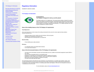 Page 123FHVMBUPSZ*OGPSNBUJPO
 
    


•
TCO Displays 5.0 Information
•
Recycling Information for Customers
•Waste Electrical and Electronic 
Equipment-WEEE
•
CE Declaration of Conformity

•Federal Communications 
Commission (FCC) Notice (U.S. 
Only)
•
FCC Declaration of Conformity
•Commission Federale de la 
Communication (FCC Declaration)
•EN 55022 Compliance (Czech 
Republic Only)
•Polish Center for Testing and 
Certification Notice
•North Europe (Nordic Countries) 
Information
•BSMI...