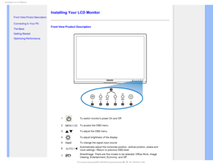 Page 55*OTUBMMJOH:PVS-$%.POJUPS

    

•  Front View Produt Description
• Connecting to Your PC
• The Base 
• Getting Started 
• Optimizing Performance
Installing Your LCD Monitor
Front View Product Description
1To switch monitors power On and Off
2
To access the OSD menu
3
To adjust the OSD menu 
4
To adjust brightness of the display
5
InputTo change the signal input source
6
Automatically adjust the horizontal position, vertical position, phase a\
nd 
clock settings / Return to previous...