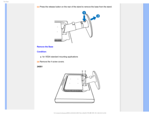 Page 655IF#BTF

(c) Press the release button on the rear of the stand to remove the base fr\
om the stand.
Remove the Base
Condition:
µfor VESA standard mounting applications
(a) Remove the 4 screw covers.
240S1

  
 

GJMF&]-$%.POJUPS0&.1IJMJQT.QSPKFDU44QMVT#7$%$POUFOUTMDENBOVBM&/(-*4)4*/45-- 