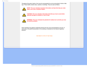 Page 22CPVU5IJT.BOVBM
Throughout this guide, blocks of text may be accompanied by an icon and \
printed in bold or italic 
type. These blocks contain notes, cautions or warnings. They are used as\
 follows:
NOTE: This icon indicates important information and tips that help you m\
ake 
better use of your computer system.
CAUTION: This icon indicates information that tells you how to avoid eit\
her 
potential damage to hardware or loss of data.
WARNING: This icon indicates the potential for bodily harm and...