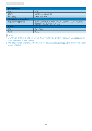 Page 3028
4. Technical  Specification
 Note
1.  EPEAT Gold or Silver is valid only where Philips registers the product. Please visit www.epeat.net for 
registration status in your countr y.
2.  This data is subject to change without notice. Go to www.philips.com/suppor t to download the latest 
version of leaflet.
Environmental
ROHS YES
EPEAT Gold. (www.epeat.net)
Packaging 100% recyclable
Compliance and standards
Regulator y Approvals   BSMI, CE Mark, FCC Class B, GOST, SEMKO, TCO5.1, UL/cUL,,...