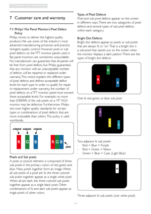 Page 3937
7. Customer care and warranty
7  Customer care and warranty
Philips strives to deliver the highest quality 
products. We use some of the industr ys most 
advanced manufacturing processes and practice 
stringent quality control. However, pixel or sub 
pixel defects on the TFT monitor panels used in 
flat panel monitors are sometimes unavoidable. 
No manufacturer can guarantee that all panels will 
be free from pixel defects, but Philips guarantees 
that any monitor with an unacceptable number 
of...