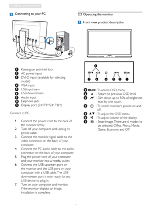 Page 75
2. Setting up the monitor
2.2  Operating the monitor
 Front view product description
  :  To access OSD menu.
  :  Return to previous OSD level.
  :  Dim down up to 50% of brightness 
level by one touch.
  :  To switch monitor’s power on and 
off.
  :  To adjust the OSD menu.  
:  To adjust volume of the display.
  :  Smar tImage. There are 6 modes to 
be selected: Office, Photo, Movie, 
Game, Economy and Off.
67
5
4213
  Connecting to your PC
  Kensington anti-thief lock
  AC power input
  DVI-D input...