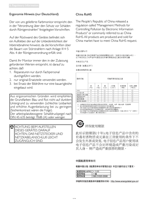 Page 2927
6. Regulatory Information
Ergonomie Hinweis (nur Deutschland)
Der von uns geliefer te Farbmonitor entspricht den 
in der Verordnung über den Schutz vor Schäden 
durch Röntgenstrahlen festgelegten Vorschriften. 
Auf der Rückwand des Gerätes befindet sich 
ein Aufkleber, der auf die Unbedenklichkeit der 
Inbetriebnahme hinweist, da die Vorschriften über 
die Bauar t von Störstrahlern nach Anlage III ¤ 5 
Abs. 4 der Röntgenverordnung erfüllt sind. 
Damit Ihr Monitor immer den in der Zulassung 
geforder...