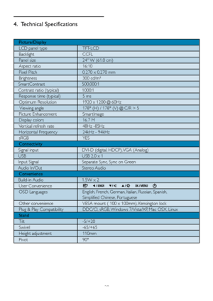 Page 3028
4. Technical Specifications
Picture/Display
LCD panel type TFT-LCD
Backlight CCFL
Panel size 24 W (61.0 cm)
Aspect ratio 16:10
Pixel Pitch 0.270 x 0.270 mm
Brightness 300 cd/m² 
   Smar tContrast    500,000:1
   Contrast ratio (typical)    1000:1 Response time (typical)  5 ms
Optimum Resolution 1920 x 1200 @ 60Hz
 Viewing angle 178° (H) / 178° (V) @ C/R > 5
Picture Enhancement Smar tImage
Display colors  16.7 M
Ver tical refresh rate 48Hz -85Hz 
Horizontal Frequency 24kHz - 94kHz
sRGB YES...