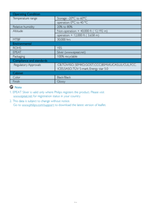 Page 2321
Operating Condition 
Temperature range Storage: -20°C to 60°C
operation: 0°C to 40 °C 
Relative humidity 20% to 80%
Altitude Non-operation: + 40,000 ft ( 12,192 m)
operation: + 12,000 ft ( 3,658 m)
MTBF
Environmental
ROHS YES
EPEAT Silver (www.epeat.net)
Packaging 100% recyclable
Compliance and standards
 Regulator y Approvals 
Cabinet 
Color Black/Black
Finish Glossy
 Note 
		CB,TÜV/ISO,	SEMKO,	GOST,CCC,BSMI,KUCAS,UL/CUL,FCC,	
		ICES,SASO,	TÜV S-mark,	Energy	star	5.0
30,000 hrs
2. This data is...