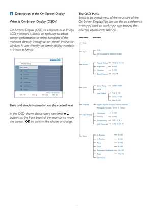 Page 86
 Description of the On Screen Display
What is On-Screen Display (OSD)? 
On-Screen Display (OSD) is a feature in all Philips  
LCD monitors. It allows an end user to adjust 
screen performance or select functions of the 
monitors directly through an on-screen instruction 
window. A user friendly on screen display interface 
is shown as below: 
Basic and simple instruction on the control keys 
In the OSD shown above users can press  
buttons at the front bezel of the monitor to move  
the cursor,  OK to...