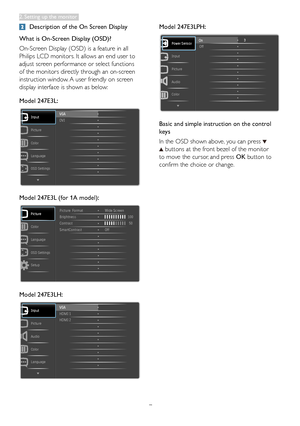 Page 97
	Description of the On Screen Display
What is On-Screen Display (OSD)?
On-Screen	Display	(OSD)	is	a	feature	in	all	
Philips	LCD	monitors.	It	allows	an	end	user	to	
adjust	screen	performance	or	select	functions	
of	the	monitors	directly	through	an	on-screen	
instruction	window.	A	user	friendly	on	screen	
display	interface	is	shown	as	below:
Model 247E3L: 

Model 247E3L (for 1A model): 

Model 247E3LH: 

Model 247E3LPH: 
 
Basic and simple instruction on the control...