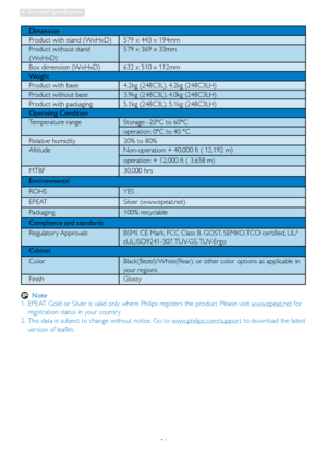 Page 2826
4. Technical  Specification
Dimension
Product with stand (WxHxD)  579 x 443 x 194mm
Product without stand  
(WxHxD) 579 x 369 x 33mm
Box dimension (WxHxD) 632 x 510 x 112mm
We i g h t
Product with base  4.2kg (248C3L), 4.2kg (248C3LH)
Product without base 3.9kg (248C3L), 4.0kg (248C3LH)
Product with packaging 5.1kg (248C3L), 5.1kg (248C3LH)
Operating Condition
Temperature range Storage: -20°C to 60°C
operation: 0°C to 40 °C 
Relative humidity 20% to 80%
Altitude Non-operation: + 40,000 ft ( 12,192 m)...