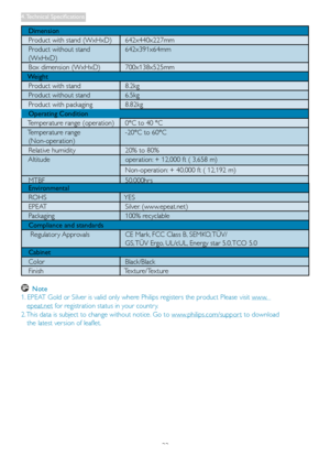 Page 2422
   Dimension
   Product with stand (WxHxD)   642x440x227mm 
   Product without stand
   (WxHxD) 
  642x391x64mm
   Box dimension (WxHxD)  700x138x525mm 
   Weight
   Product with stand    8.2kg 
   Product without stand   6.5kg
   Product with packaging   8.82kg
   Operating Condition
   Temperature range (operation)  0°C to 40 °C
   Temperature range  
   (Non-operation) 
  -20°C to 60°C 
   Relative humidity  20% to 80%
			Altitude		operation: 	+	12,000	ft	(	3,658	m)
		Non-operation: 	+	40,000	ft	(...