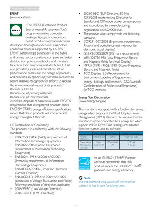Page 2725
•	 2005/32/EC	(EuP	Directive,	EC	No.			
 1275/2008 mplementing Directive for  
 Standby and Off mode power consumption)  
 and is produced by a manufacturing   
 organization on ISO9000 level. 
•	 The	product	also	comply	with	the	following		
 standards 
•	 ISO9241-307:2008	(Ergonomic	requirement, 		
	 Analysis	and	compliance	test	methods	for		
 electronic visual displays)  
•	 GS	EK1-2000:2009	(GS	mark	requirement)		
•	 prEN50279:1998	(Low	Frequency	Electric		
	 and	Magnetic	fields	for	 Visual...