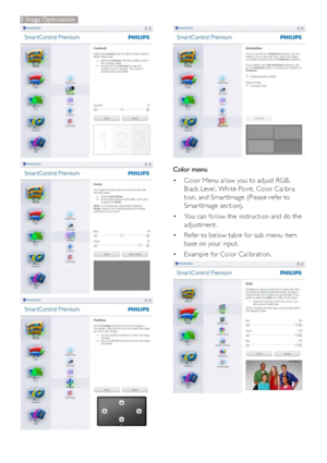 Page 1311
Color menu 
‡Color Menu allow you to adjust RGB, 
Black Level, White Point, Color Calibra-
tion, and Smar tImage (Please refer to 
Smar tImage section). 
‡You can follow the instruction and do the 
adjustment. 
‡Refer to below table for sub-menu item 
base on your input. 
‡Example for Color Calibration.
3. Image Optimization
 