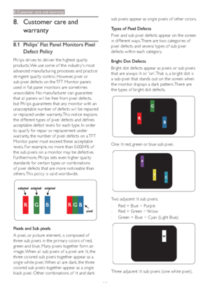 Page 3735
8. Customer care and 
warranty
8.1 Philips’ Flat Panel Monitors Pixel 
Defect Policy
Philips strives to deliver the highest quality 
products. We use some of the industr y's most 
advanced manufacturing processes and practice 
stringent quality control. However, pixel or 
sub pixel defects on the TFT Monitor panels 
used in flat panel monitors are sometimes 
unavoidable. No manufacturer can guarantee 
that all panels will be free from pixel defects, 
but Philips guarantees that any monitor with an...