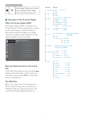 Page 75
Smar tImage. There are 6 modes 
to be selected: Office, Photo,
Movie, Game, Economy, Off. 
Description of the On Screen Display
What is On-Screen Display (OSD)?
On-Screen Display (OSD) is a feature in all 
Philips Monitors. It allows an end user to adjust 
screen performance or select functions of 
the monitors directly through an on-screen 
instruction window. A user friendly on screen 
display interface is shown as below:
3LFWXUH
$XGLR
,QSXW
2II2Q3RZHU6HQVRU
&RORU
2Q
Basic and simple instruction on...