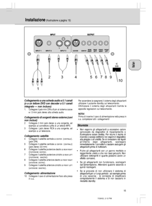 Page 15
 	


	


  
   	 
	


	


E
$

I&%
Collegamento a una scheda audio a 5.1 canali
(o a un lettore DVD con decoder a 5.1 canali
integrato — non incluso)
1. Collegare il jack mini DIN a 9 pin al sistema casse
e i 3 mini jack stereo alla scheda audio.
Collegamento di sorgenti stereo esterne (cavi
non inclusi)
2 Collegare il mini jack stereo a una sorgente, ad
esempio al connettore cuffie di...