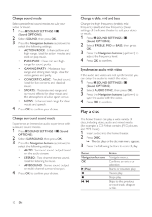 Page 1412
   
 
 
 
 
 
Change treble, mid and bass 
 
Change the high frequency (treble), mid 
frequency (mid) and low frequency (bass) 
set tings of the home theater to suit your video 
or music.   
 
 
1 Press  
 
 
 SOUND SETTINGS 
 /  
 
 
(Sound OPTIONS).
 
 
 
 
2 Select  TREBLE 
,  MID 
 or  BASS 
, then press 
OK 
. 
 
 
 
3  Press the  Navigation buttons 
 (up/down) to 
adjust the frequency level.   
 
 
4 Press  OK to con rm. 
 
 
 
 
 
 
Synchronize audio with video 
 
If the audio and video are not...