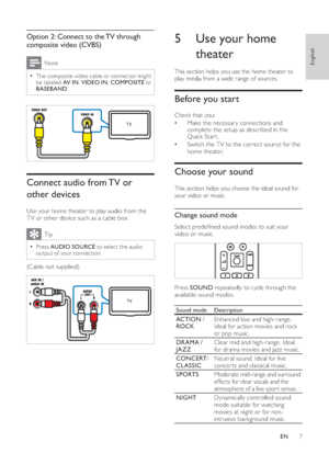 Page 97
   
 
 
 
 
 
5  Use your home 
theater
   
This section helps you use the home theater to 
play media from a wide range of sources.
   
 
 
Before you start
 
 
 
Check that you:
   
Make the necessar y connections and    •
complete the setup as described in the 
Quick Star t.
   
Switch the T V to the correct source for the    •
home theater.
   
 
 
 
 
Choose your sound
 
 
This section helps you choose the ideal sound for 
your video or music.
   
 
 
Change sound mode
 
 
Select prede ned sound...