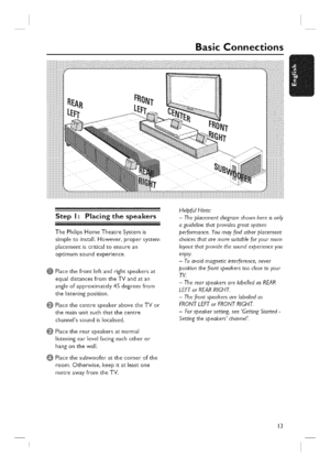 Page 13  
BasicConnections 
StepI:Placingthespeakers 
ThePhilipsHomeTheatreSystemis 
simpletoinstall.However,propersystem 
placementiscriticaltoensurean 
optimumsoundexperience. 
Placethefrontleftandrightspeakersat 
equaldistancesfromtheTVandatan 
angleofapproximately45degreesfrom 
thelisteningposition. 
PlacethecentrespeakerabovetheTVor 
themainunitsuchthatthecentre 
channelssoundis[ocaJised. 
Placetherearspeakersatnormal 
listeningearlevelfacingeachotheror 
hangonthewall. 
Placethesubwooferatthecornerofthe...